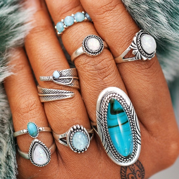 Bella Smyle Jewelry - RS11 | 8PCS Boho White Turquoise Stones Ring Set